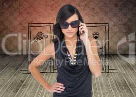 Composite image of serious elegant brunette wearing sunglasses o