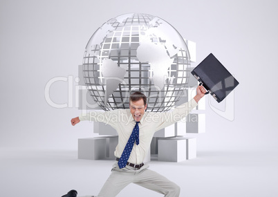 Composite image of cheerful jumping businessman with his suitcas