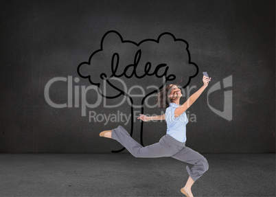 Composite image of happy classy businesswoman jumping while hold