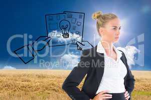 Composite image of businesswoman standing with hands on hips