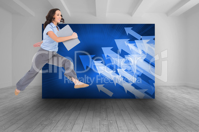 Composite image of cheerful classy businesswoman jumping while h