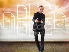 Composite image of businessman with thumbs up in a meeting