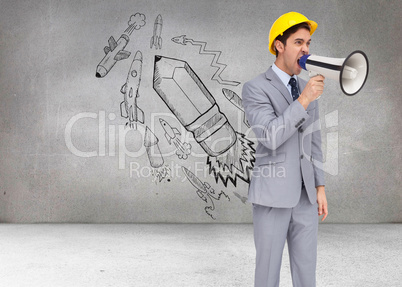 Composite image of young architect yelling with a megaphone