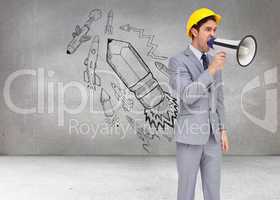 Composite image of young architect yelling with a megaphone