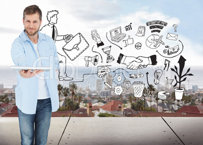 Composite image of happy man showing laptop to camera and smilin