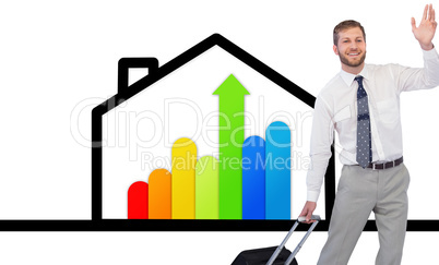 Composite image of handsome businessman with suitcase waving