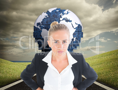 Composite image of businesswoman standing with hands on hips Composite image of businesswoman standing with hands on hips