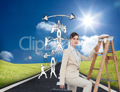 Composite image of businesswoman climbing career ladder with bri