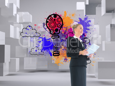 Composite image of businesswoman holding new tablet