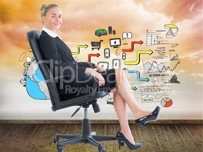 Composite image of businesswoman sitting on swivel chair in blac