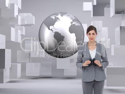 Composite image of young businesswoman with binoculars
