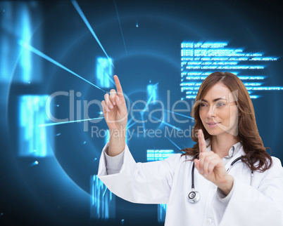 Composite image of happy doctor pointing