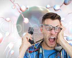 Composite image of frustrated computer engineer screaming while