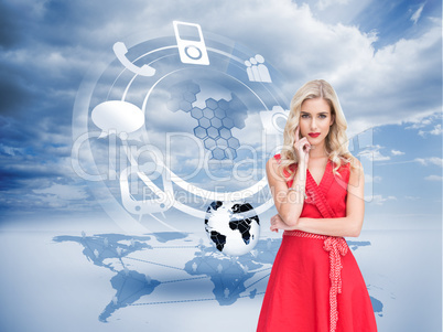 Composite image of thoughtful blonde wearing red dress