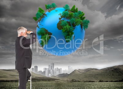 Composite image of mature businessman standing on ladder