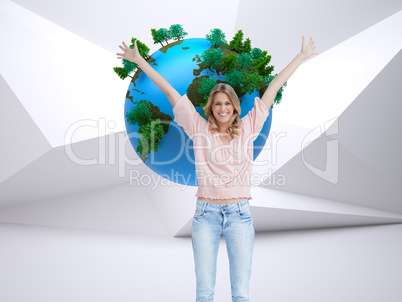 Composite image of full length shot of a smiling woman with her
