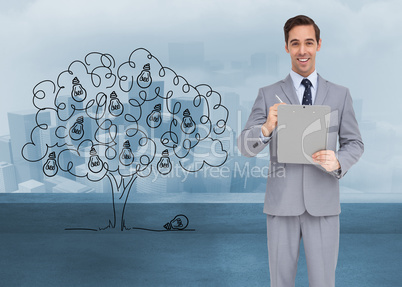 Composite image of happy businessman holding a clipboard