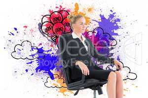 Composite image of businesswoman sitting on swivel chair in blac