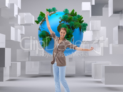 Composite image of happy woman jumping