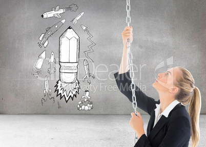 Composite image of businesswoman pulling a chain