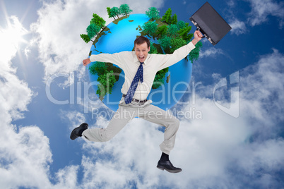 Composite image of cheerful jumping businessman with his suitcas