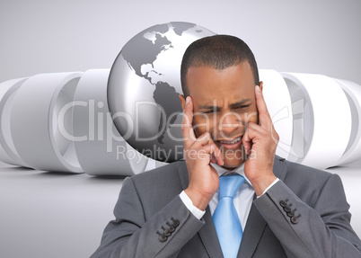 Composite image of stressed businessman putting his fingers on h