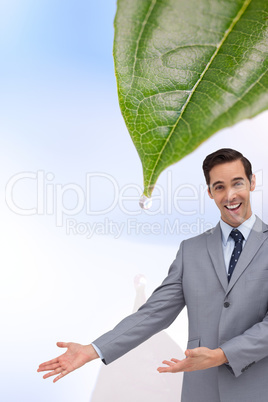 Composite image of happy businessman giving a presentation with