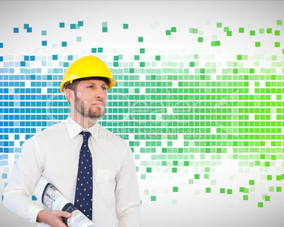 Composite image of young architect posing with hard hat and plan