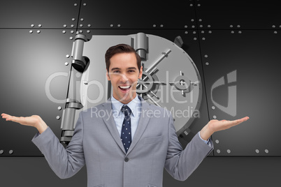 Composite image of smiling businessman presenting something with