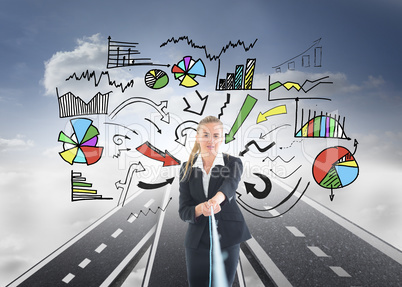 Composite image of businesswoman pulling a rope