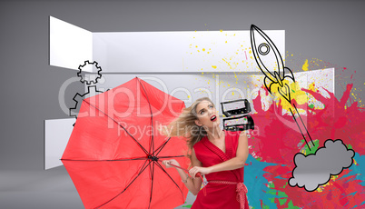 Composite image of elegant blonde holding umbrella