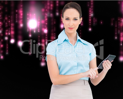 Composite image of serious classy businesswoman using calculator