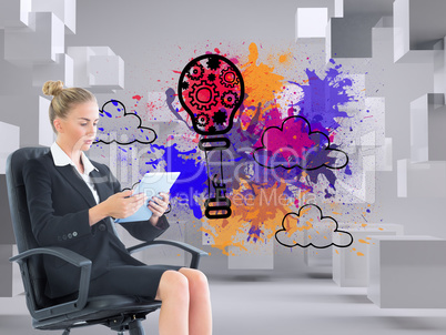 Composite image of businesswoman sitting on swivel chair with ta