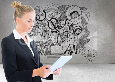 Composite image of businesswoman holding tablet