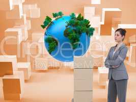 Composite image of thoughtful woman with cardboard boxes