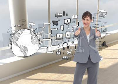 Composite image of smiling businesswoman giving thumbs up