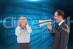 Composite image of businessman shouting at colleague with his bu