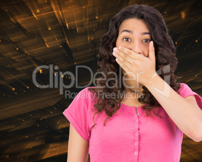 Composite image of brown haired woman being shocked
