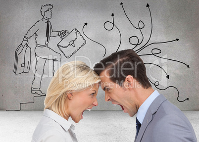 Composite image of colleagues quarreling head against head