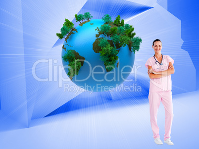 Composite image of beautiful nurse standing in front of the came