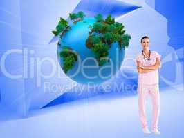 Composite image of beautiful nurse standing in front of the came