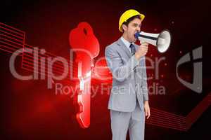 Composite image of young architect yelling with a megaphone