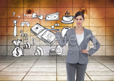 Composite image of smiling businesswoman holding tablet pc