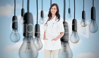 Composite image of confident and smiling woman doctor standing i