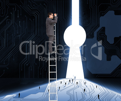 Composite image of businessman standing on ladder using binocula