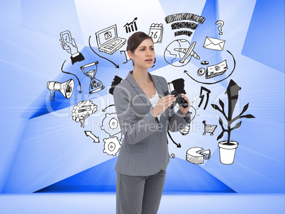 Composite image of curious young businesswoman with binoculars