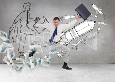 Composite image of cheerful jumping businessman with his suitcas