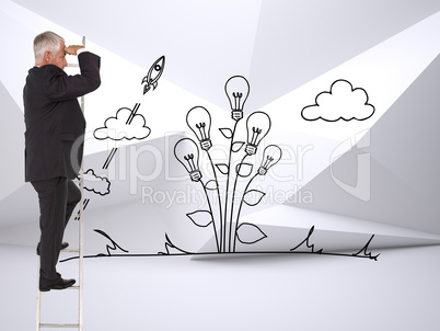 Composite image of mature businessman standing on ladder