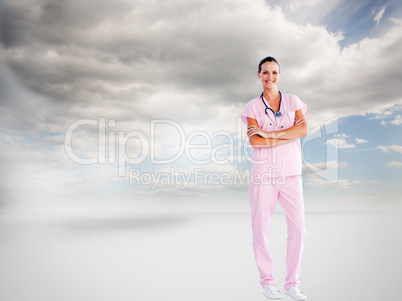 Composite image of beautiful nurse standing in front of the came