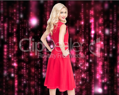 Composite image of smiling blonde standing hands on hips